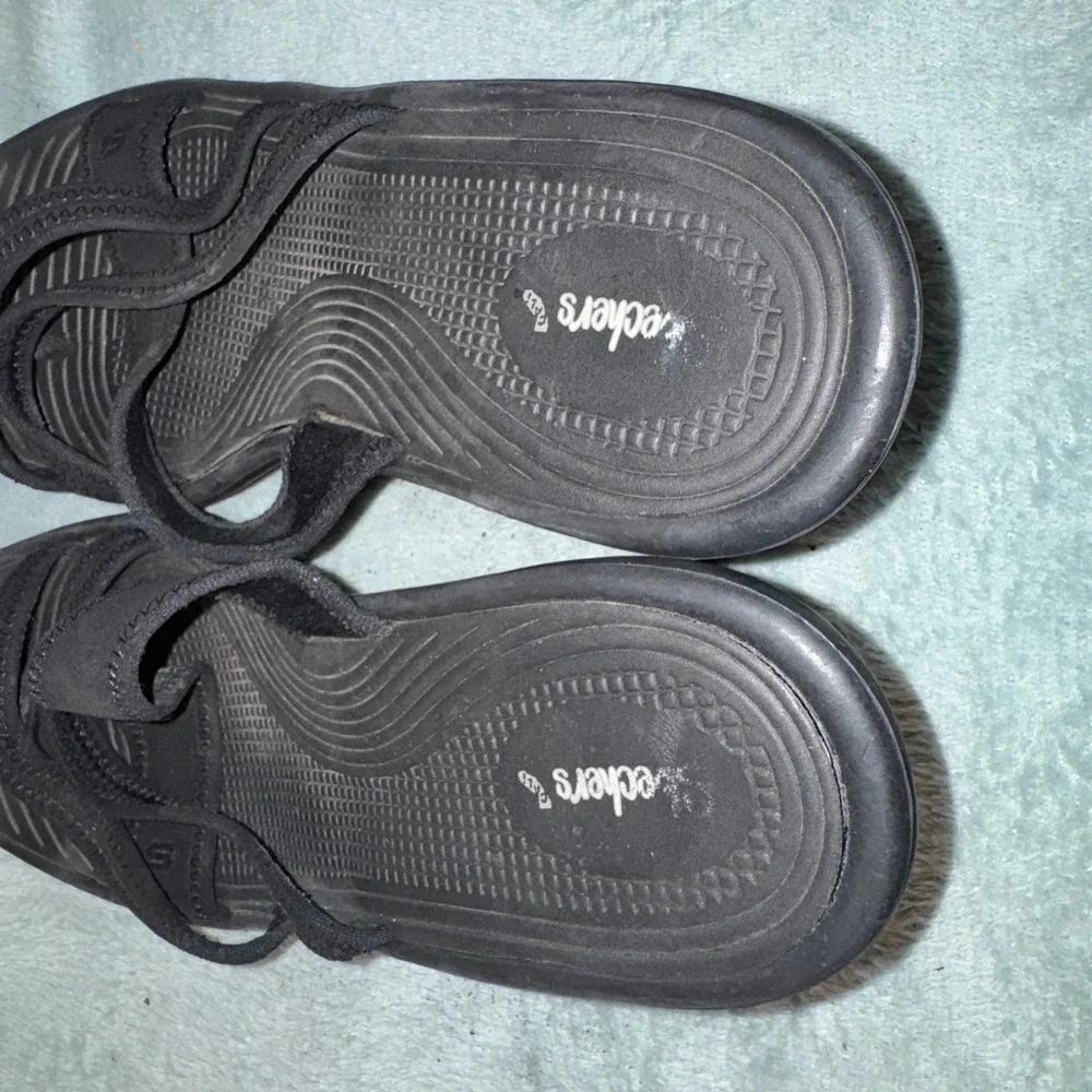 Skechers Women Cali Rumblers Wedge Sandals 10 Black Strappy Comfort Foam